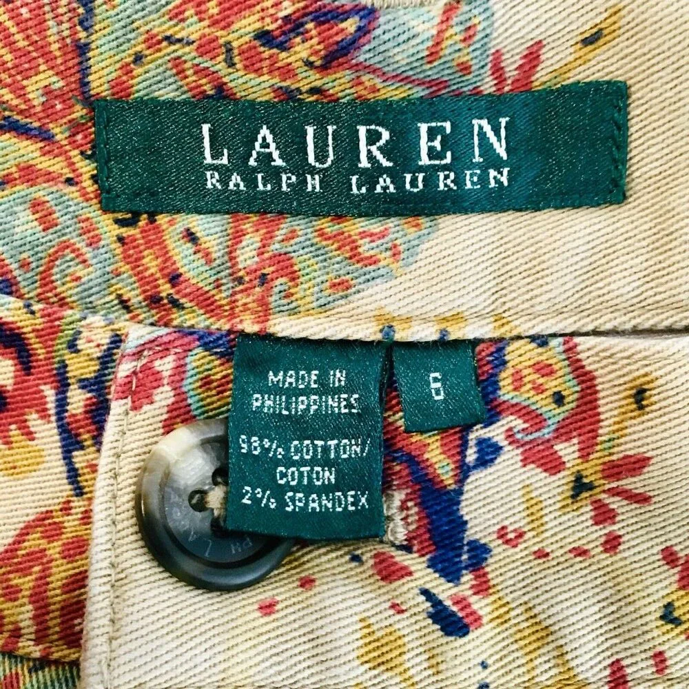 Lauren Ralph Lauren Vtg Cotton Stretch Jeans Sz 6 Beige Paisley Print 5 Pocket